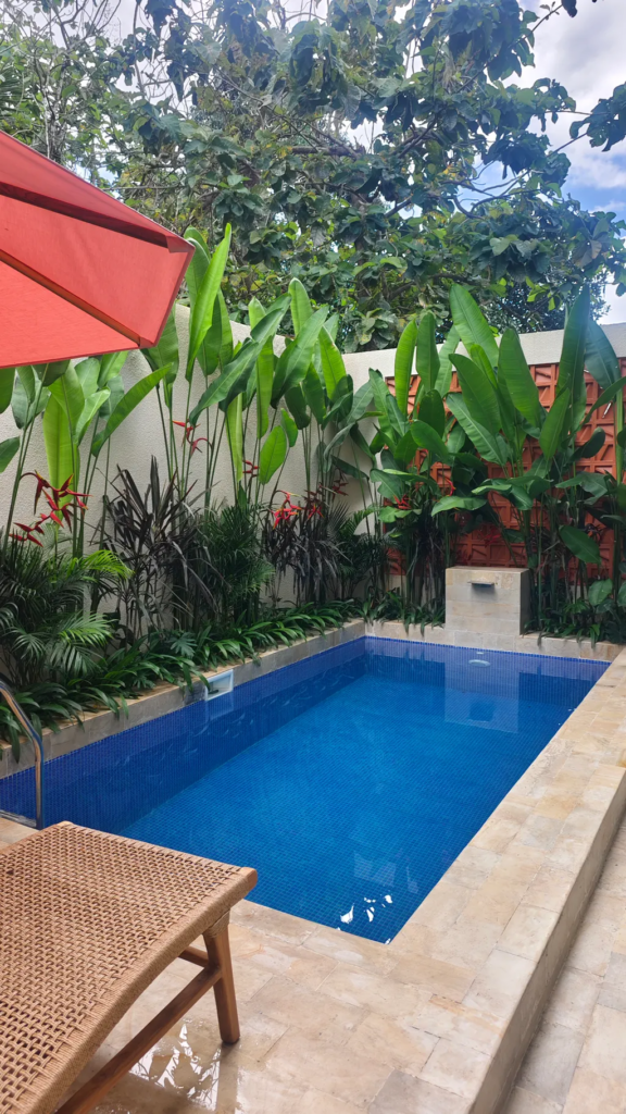 Tropical pool surrounded by lush greenery