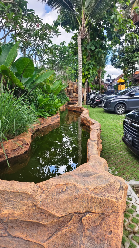 Lush garden with a winding pond
